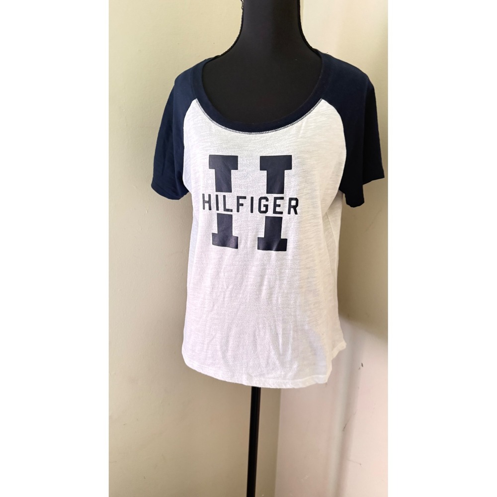 Tommy Hilfiger Womens T Shirt Blue White Raglan Short Sleeve Top Size M